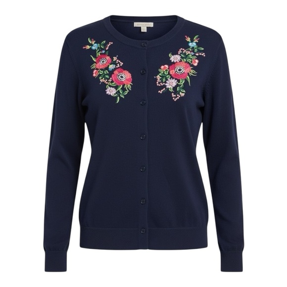 Woman Within Sweaters - Vintage Embroidered Cardigan Sweater Sz 18 Navy Floral Button Down Cottagecore